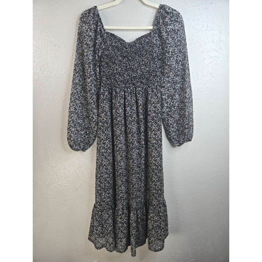 Dark Floral Smocked Midi Dress XS Black Long Sleeve Tiered Cottage Fairy Grunge
